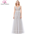 Grace Karin Elegant Deep V-Back Soft Tulle Netting Sem mangas Long Grey Real Sample Pictures Vestido de noite vestidos GK000130-2